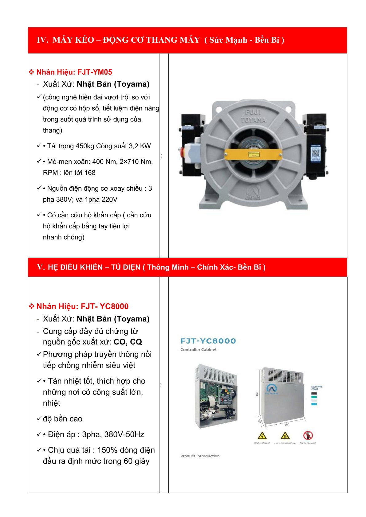 Động cơ thang máy Toyama FJT-YM05 và tủ điều khiển thang máy FJT-YC8000 Nhật Bản